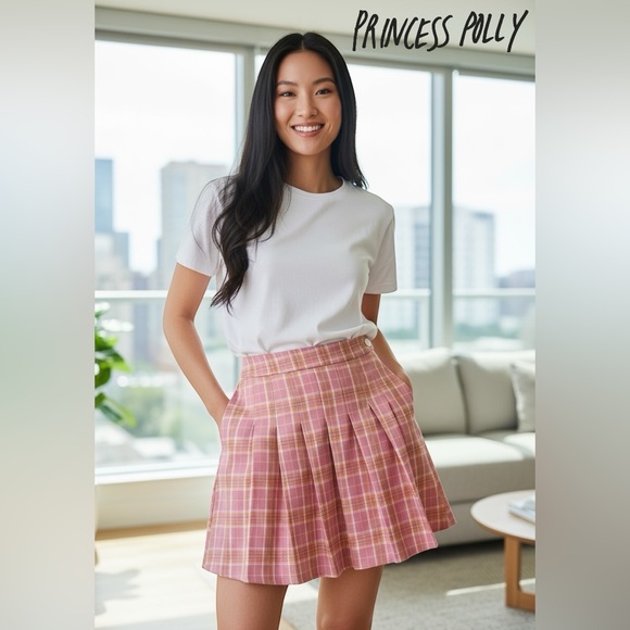 Princess Polly Pink & Peach Plaid Mini Pleated Skirt Size 4 NWOT - Picture 1 of 6
